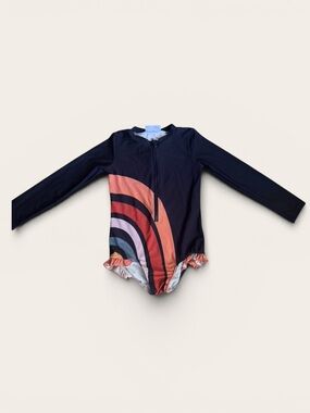 Oopsie Daisy girls long sleeve Navy and rainbow swimsuit. UV protection